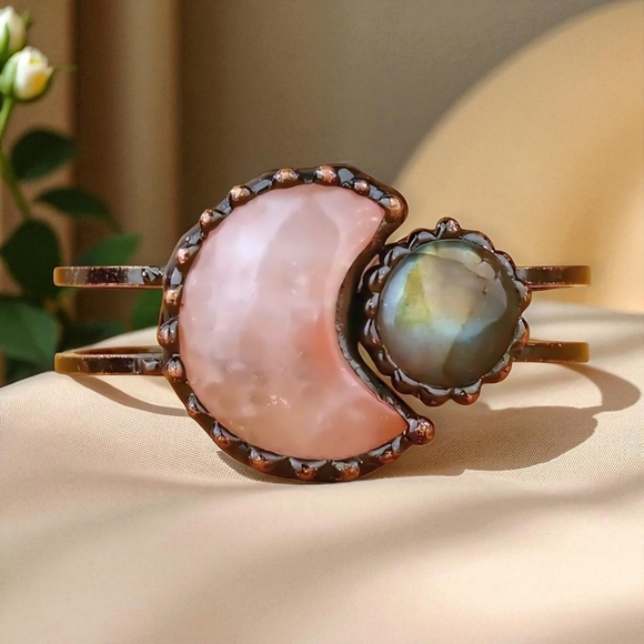 🆕 Pink Rose Quartz & Labradorite Moon Natural Stone Bangle Cuff Bracelet 🌈✨ - Picture 1 of 15